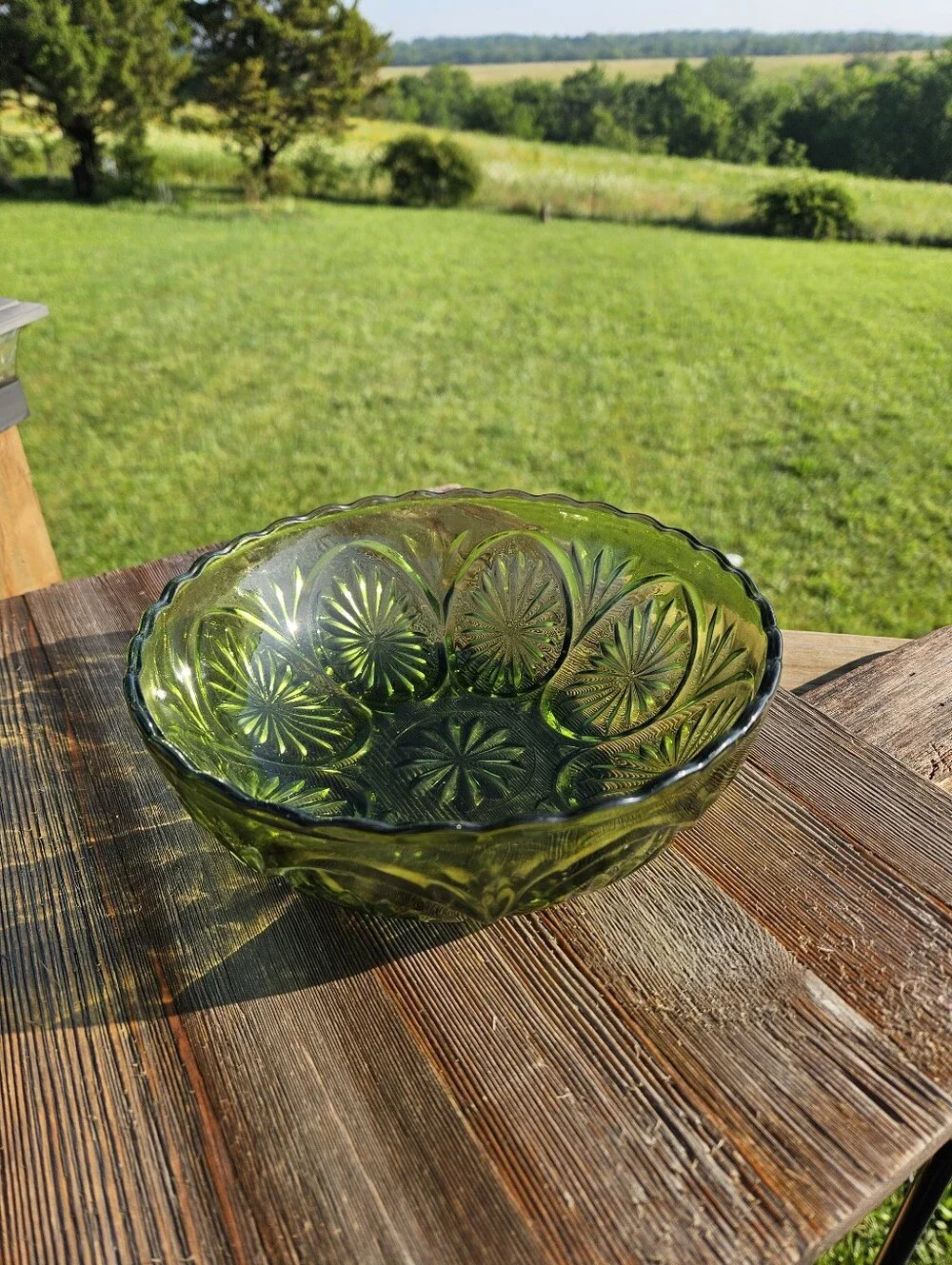 Green glass bowl with starburst pattern  #starburst